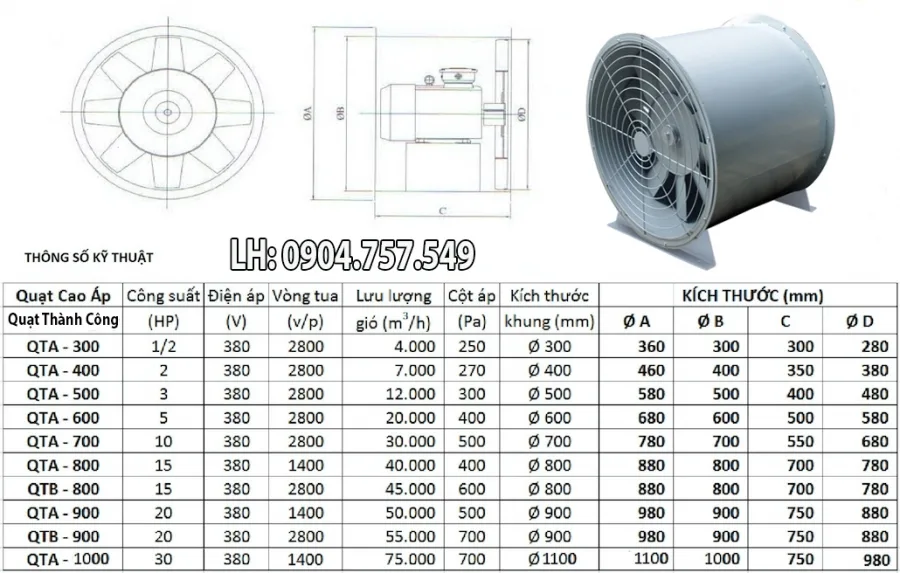 Quạt hướng trục cao áp Việt Nam QTA-600