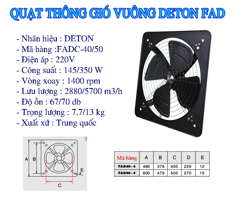 Quạt hút thông gió vuông Deton FADC50-4