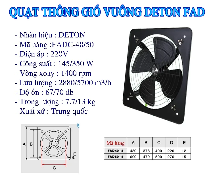 Quạt hút thông gió vuông Deton FADC40-4