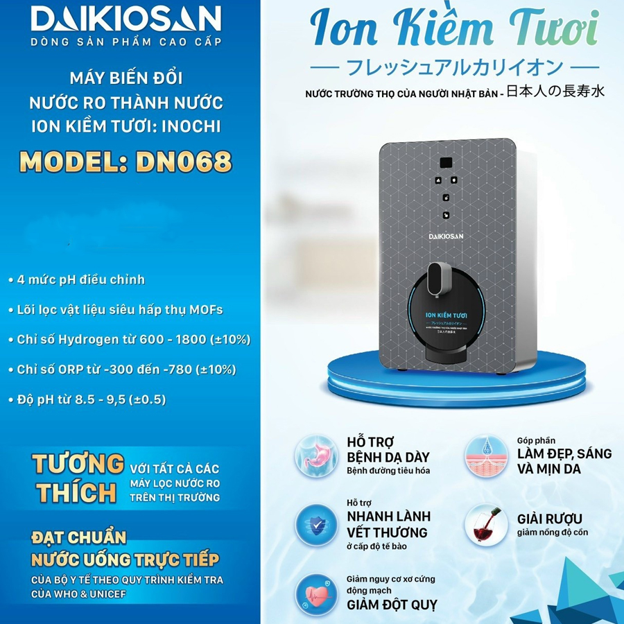 Máy biến đổi nước RO thành nước ion kiềm tươi Daikiosan DN068