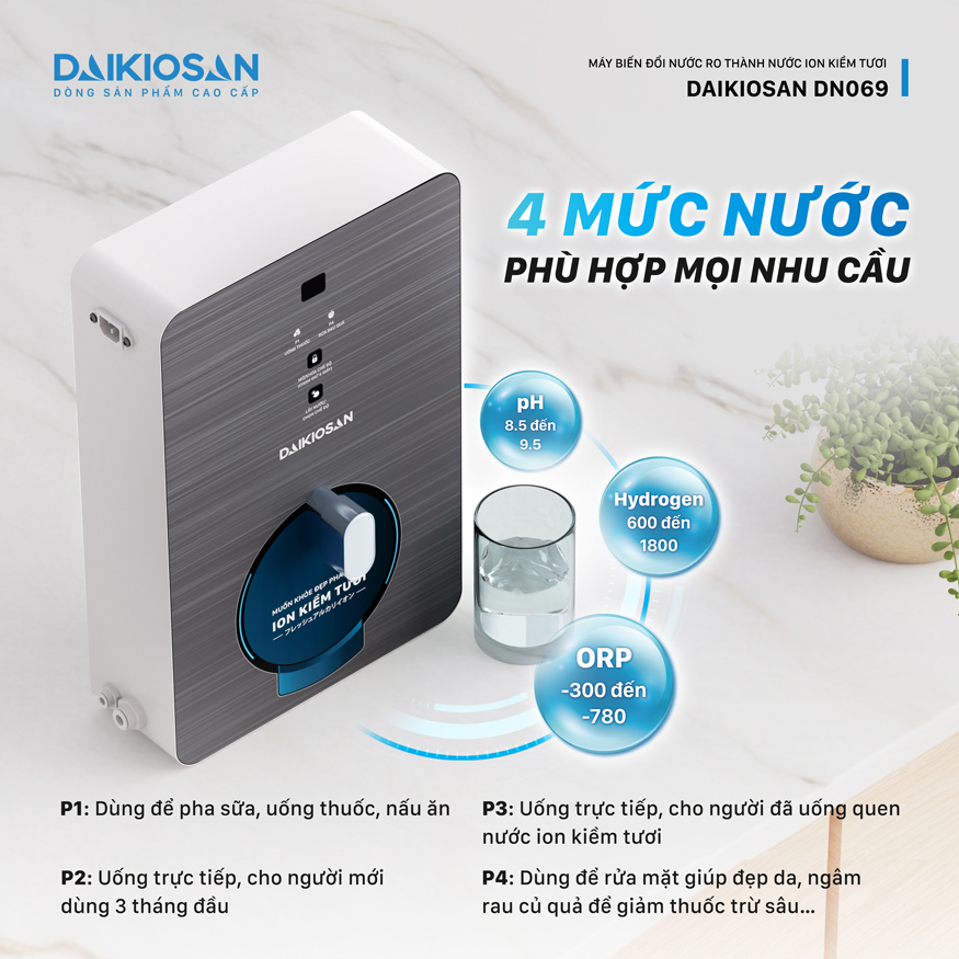 Máy biến đổi nước RO thành nước Ion kiềm tươi từ trường Daikiosan DN069