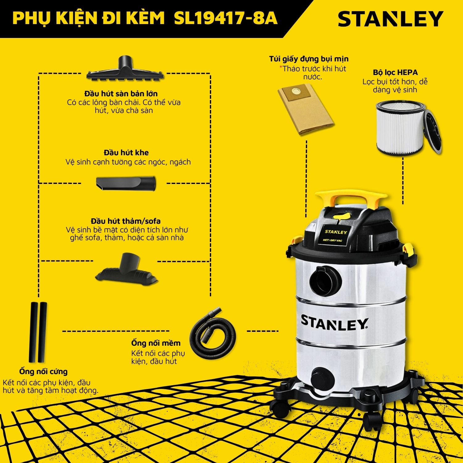 Máy hút bụi 3 chức năng Khô/Ướt/Thổi 30L Stanley SL19417-8A