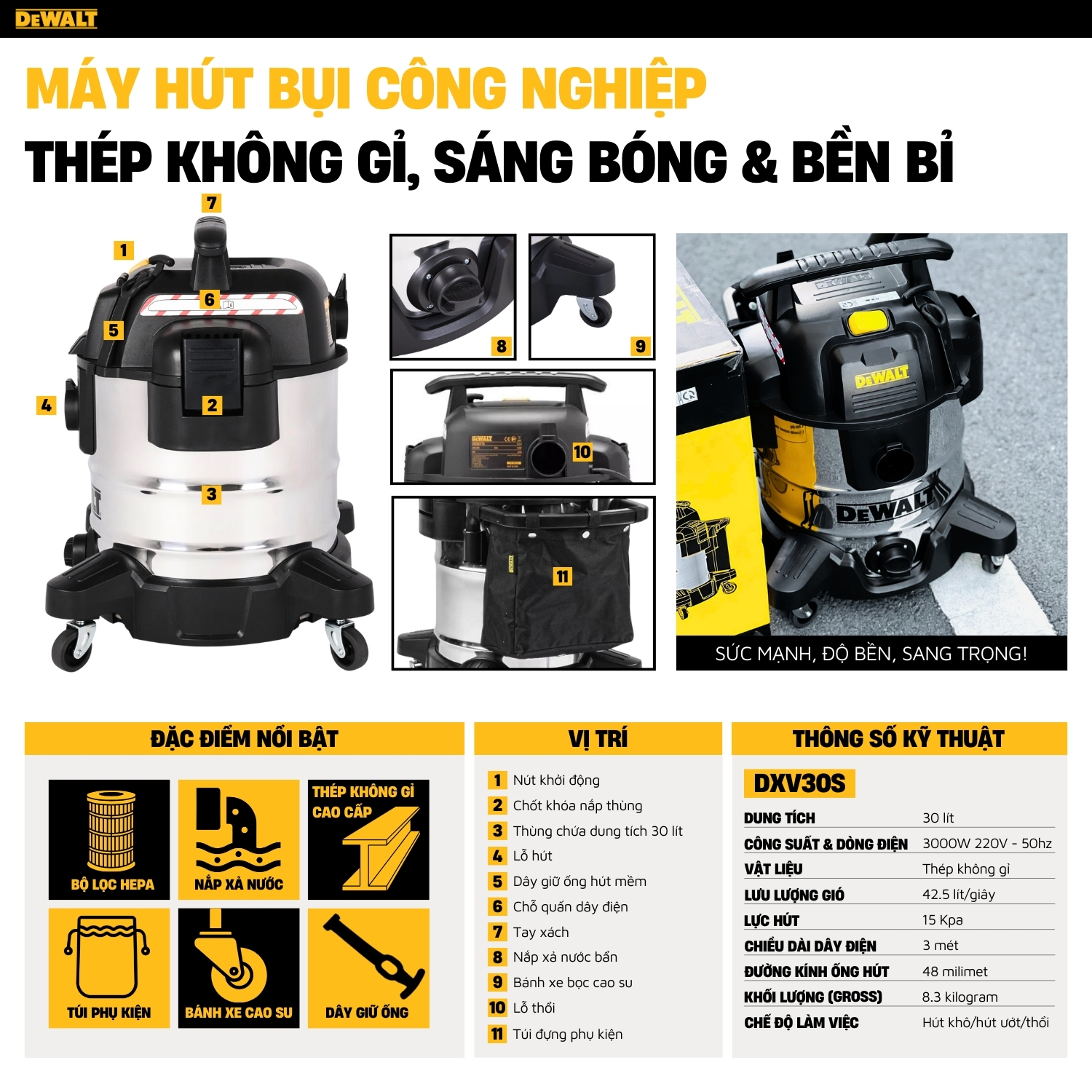 Máy hút bụi công nghiệp khô và ướt Dewalt DXV30S