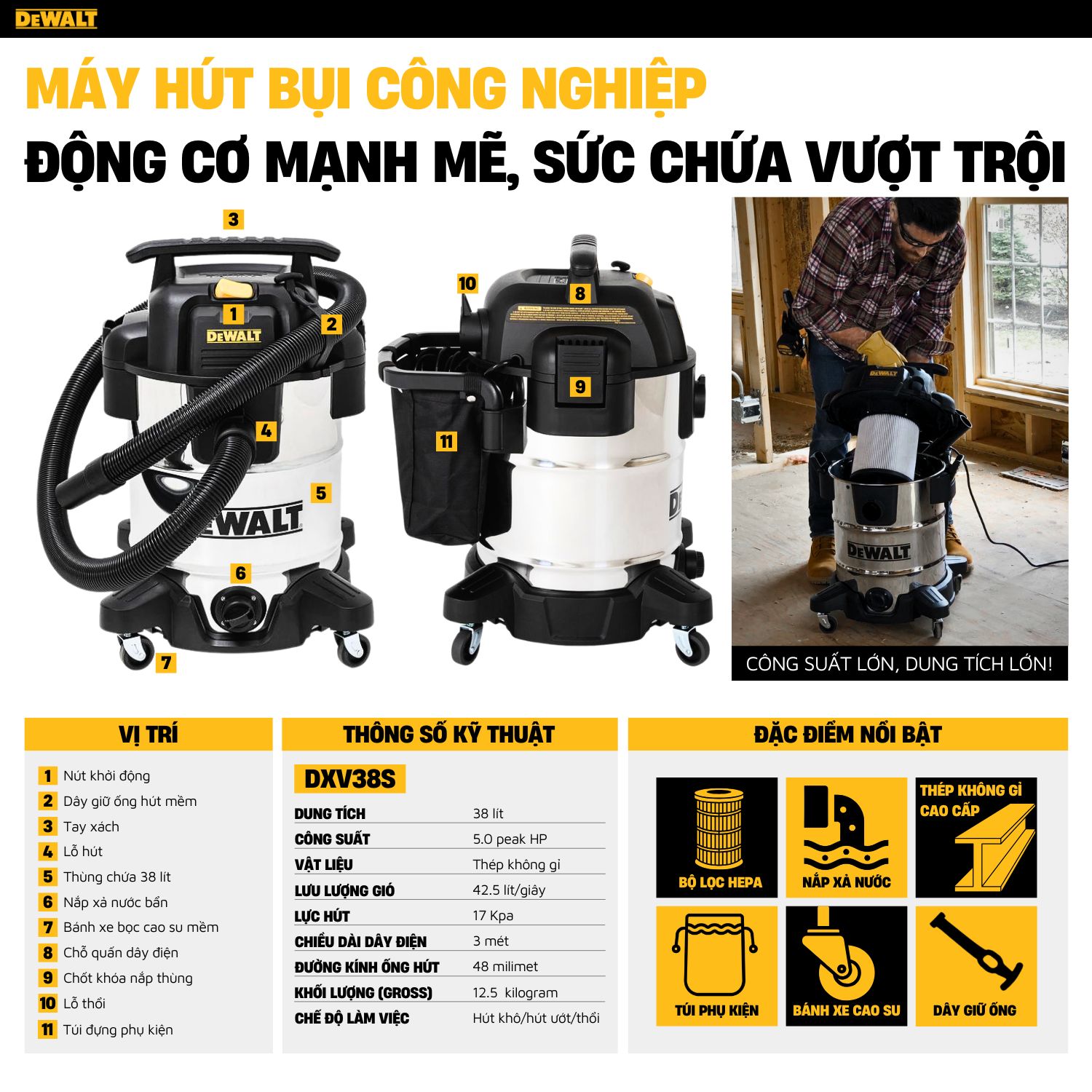 Máy hút bụi công nghiệp khô và ướt Dewalt DXV38S