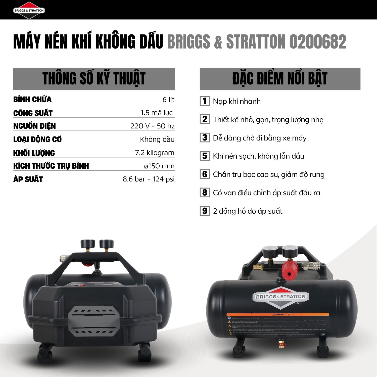 Máy nén khí không dầu 6L BRIGGS & STRATTON 0200682