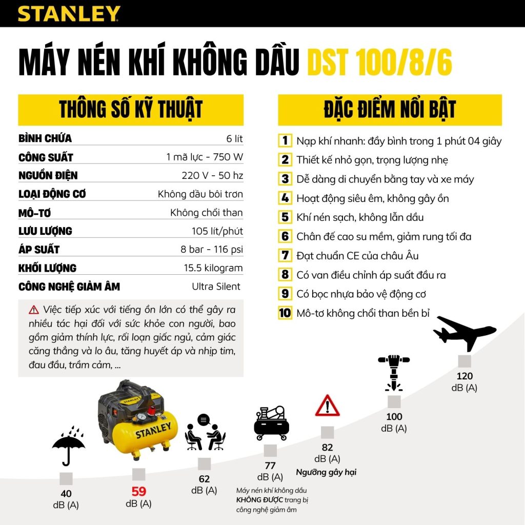 Máy nén khí không dầu 6L Stanley DST100/8/6