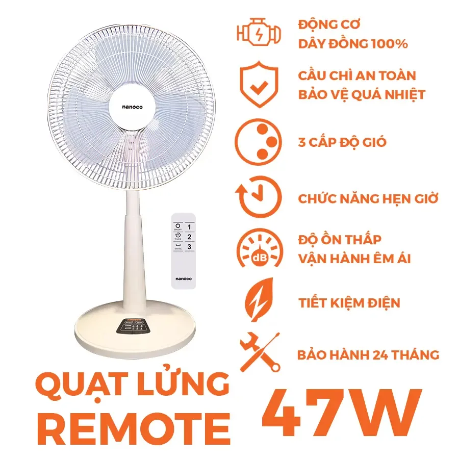 Quạt lửng remote Nanoco NLF1624RC