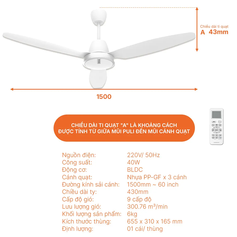 Quạt trần 3 cánh Nanoco NCF6031-W