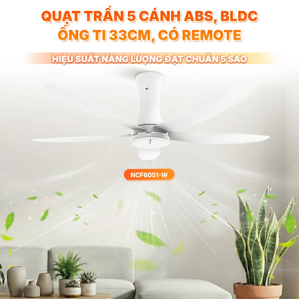 Quạt trần 5 cánh Nanoco động cơ BLDC NCF6051-W